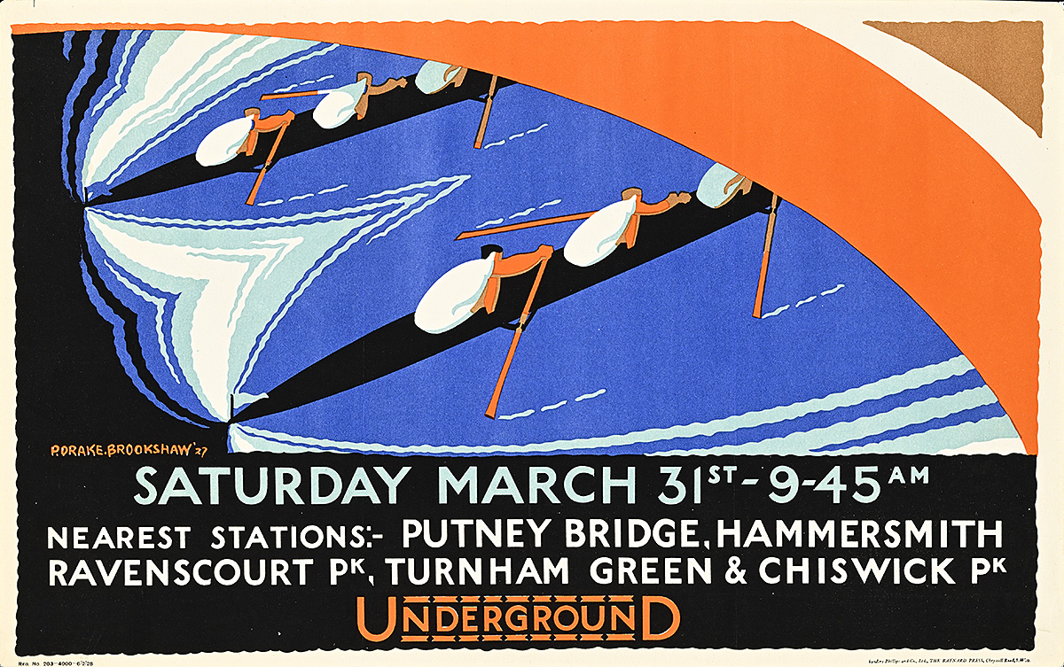 A poster with an abstracted, aerial view of 2 long rowboats racing under a river bridge.