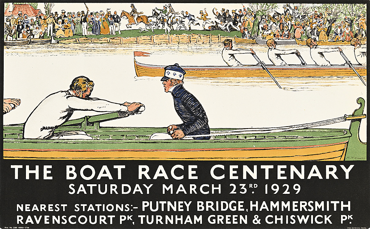 A poster of 2 boats in a race watched from the riverbank by a crowd of spectators.