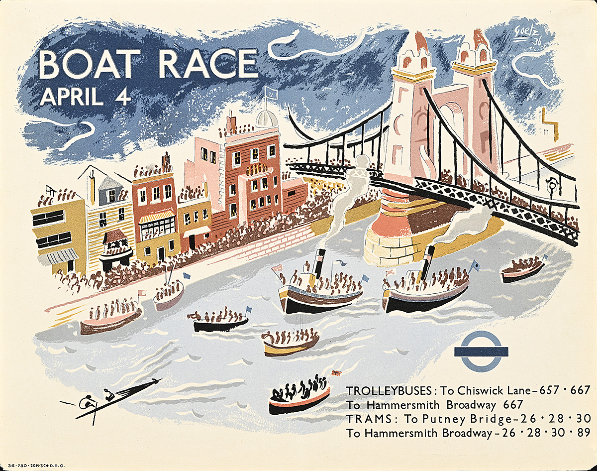 A poster of 9 boats on the water, watched by spectators from the riverbank and bridge.