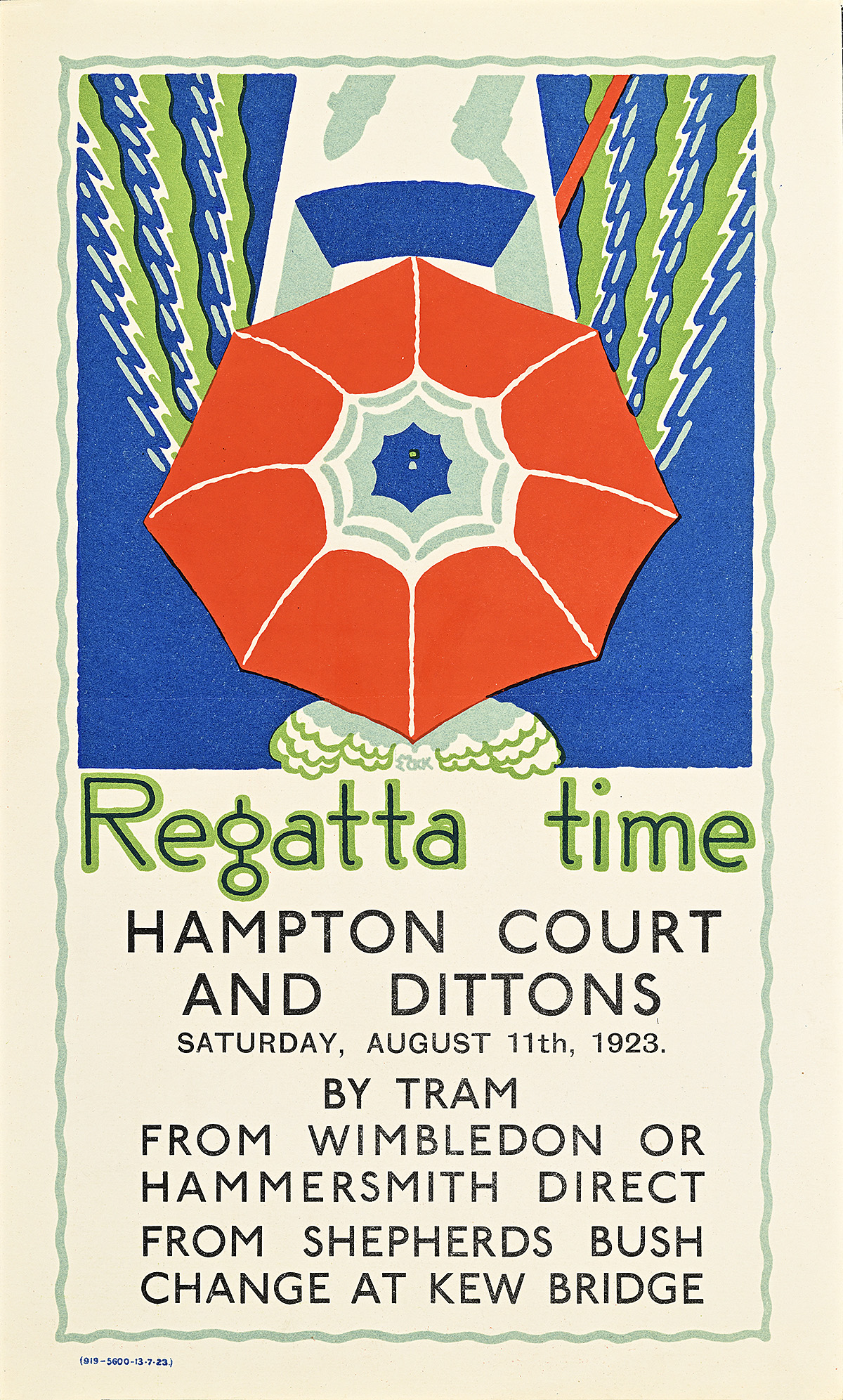 A poster of an aerial view of a poppy-like parasol held by a concealed figure in a small rowboat.