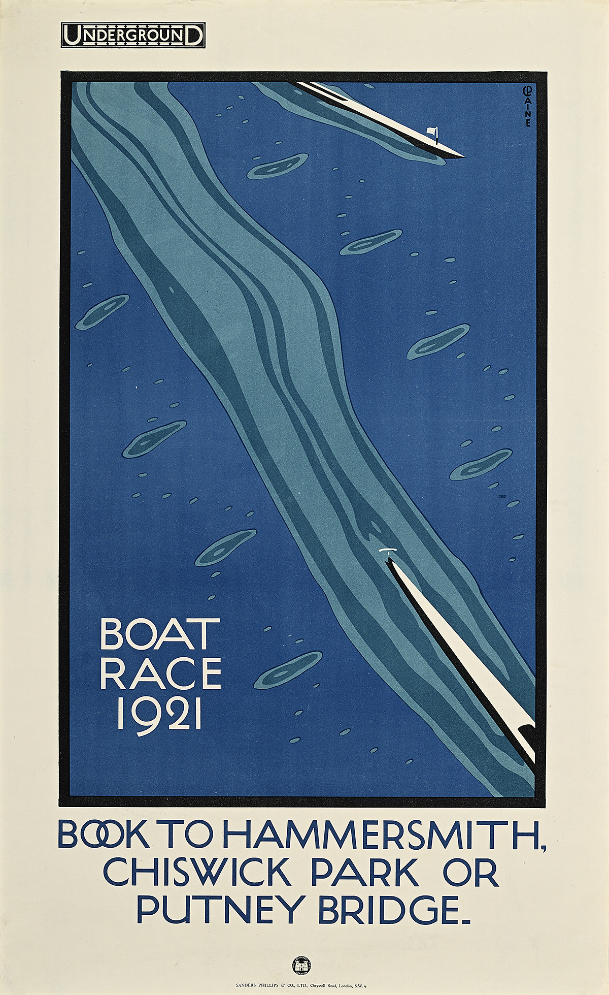 A poster of an aerial, abstracted view of a water ripple in the wake of a racing rowboat.