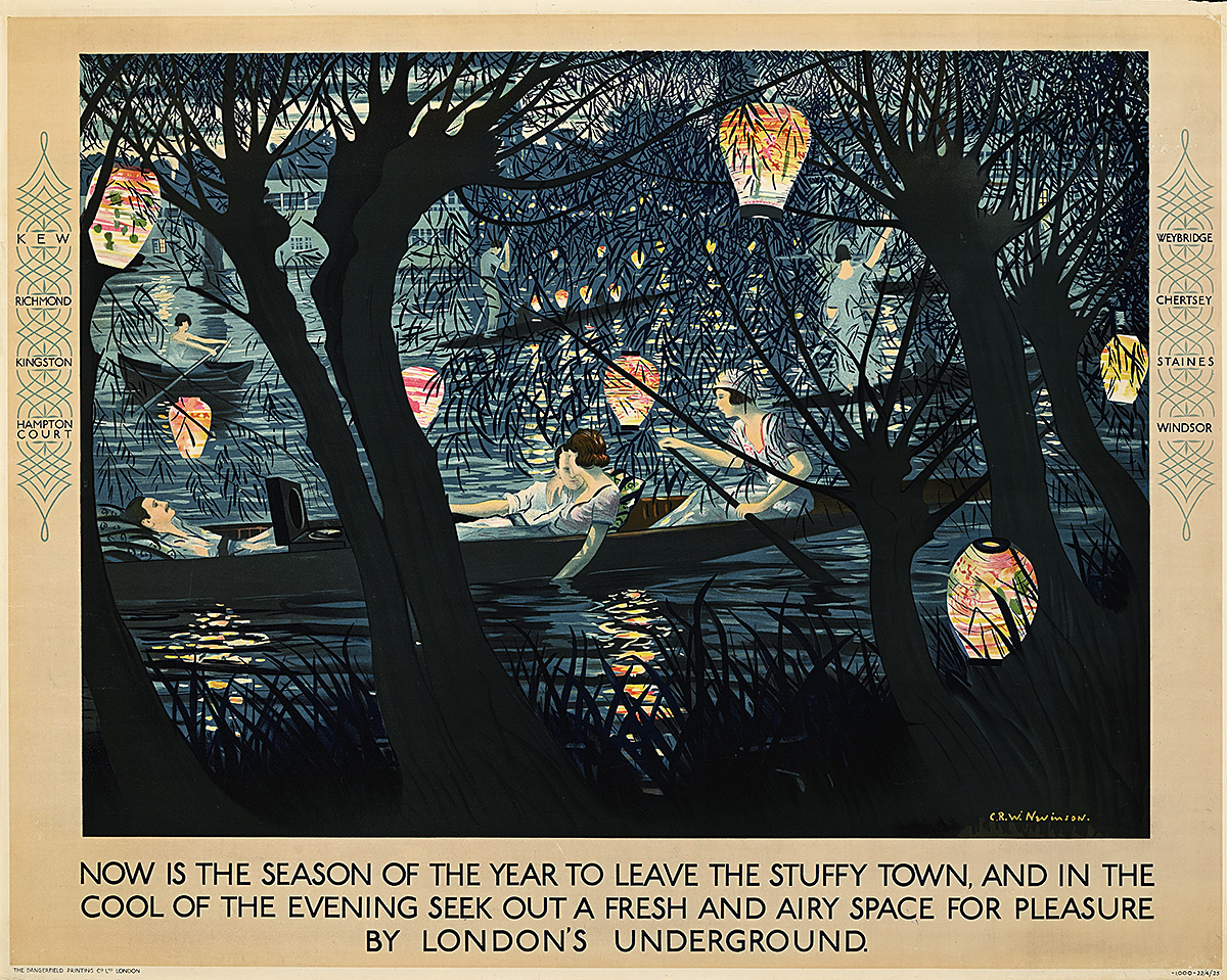 A poster of 2 couples in a rowboat on the river at night, framed by trees and paper lanterns.