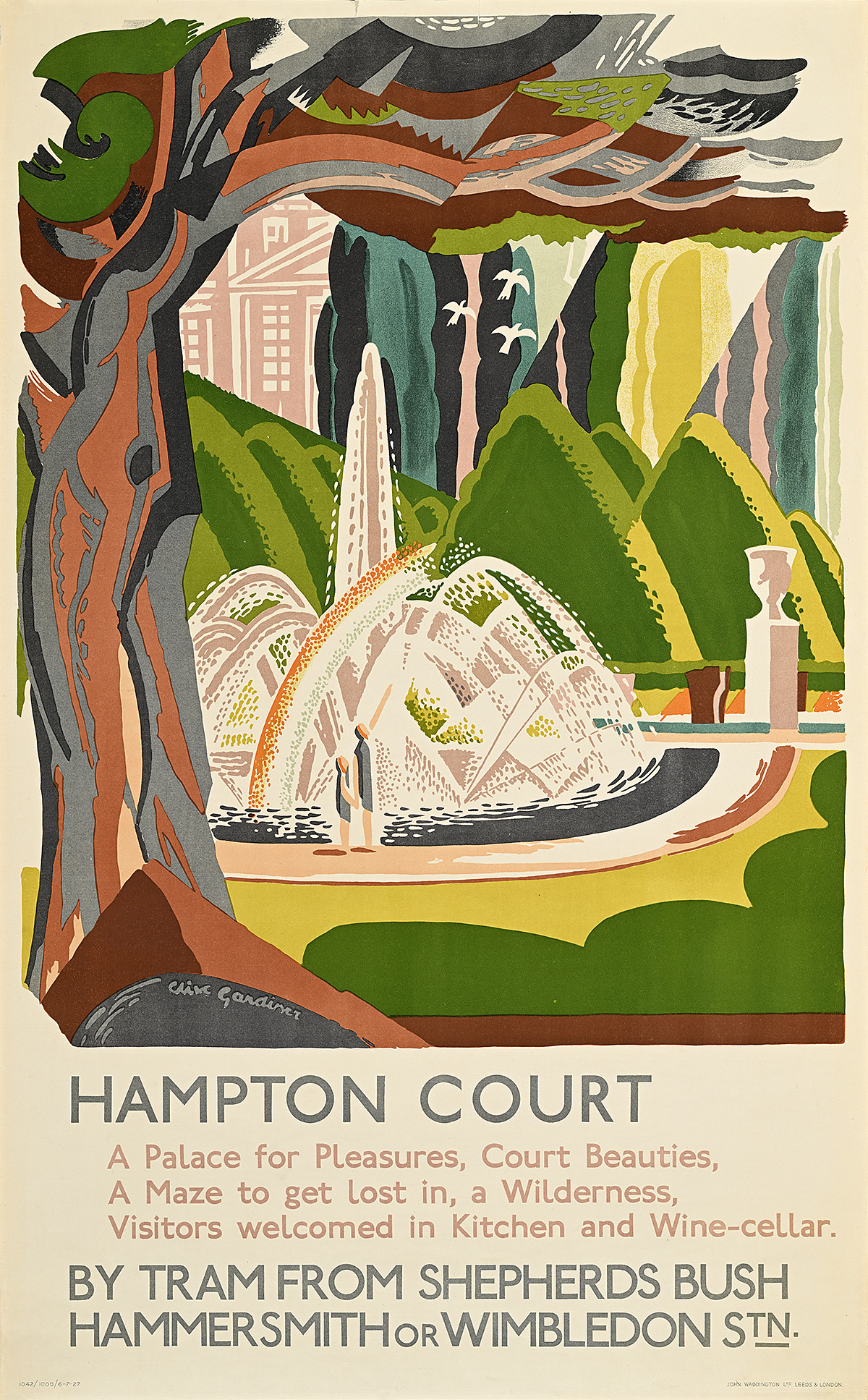 A poster of a formal garden with triangular bushes and a central fountain, framed by a tree.