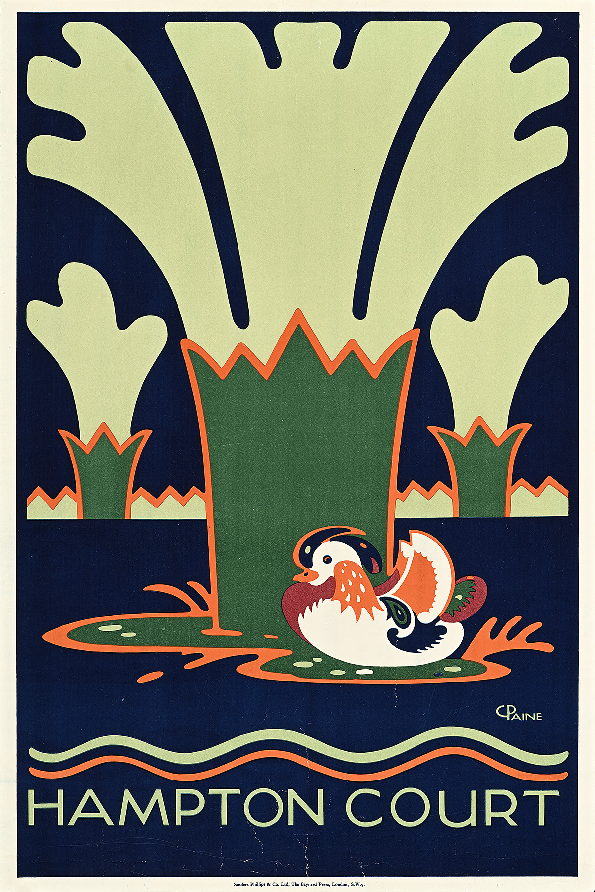 A poster of a Mandarin duck swimming in front of 3 gushing, green fountains.