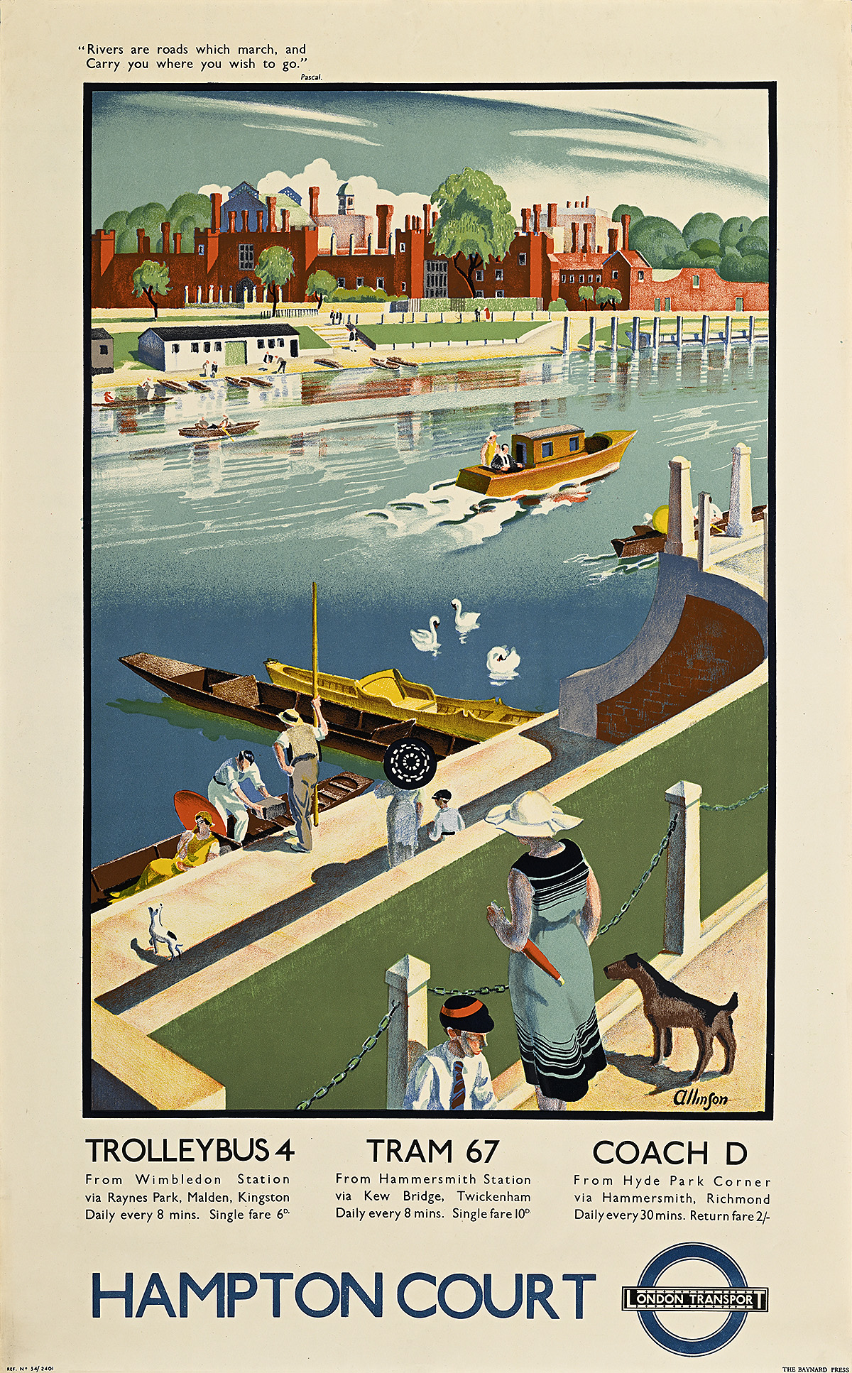 A poster of people on a riverbank with boats in the water and a palace in the background.