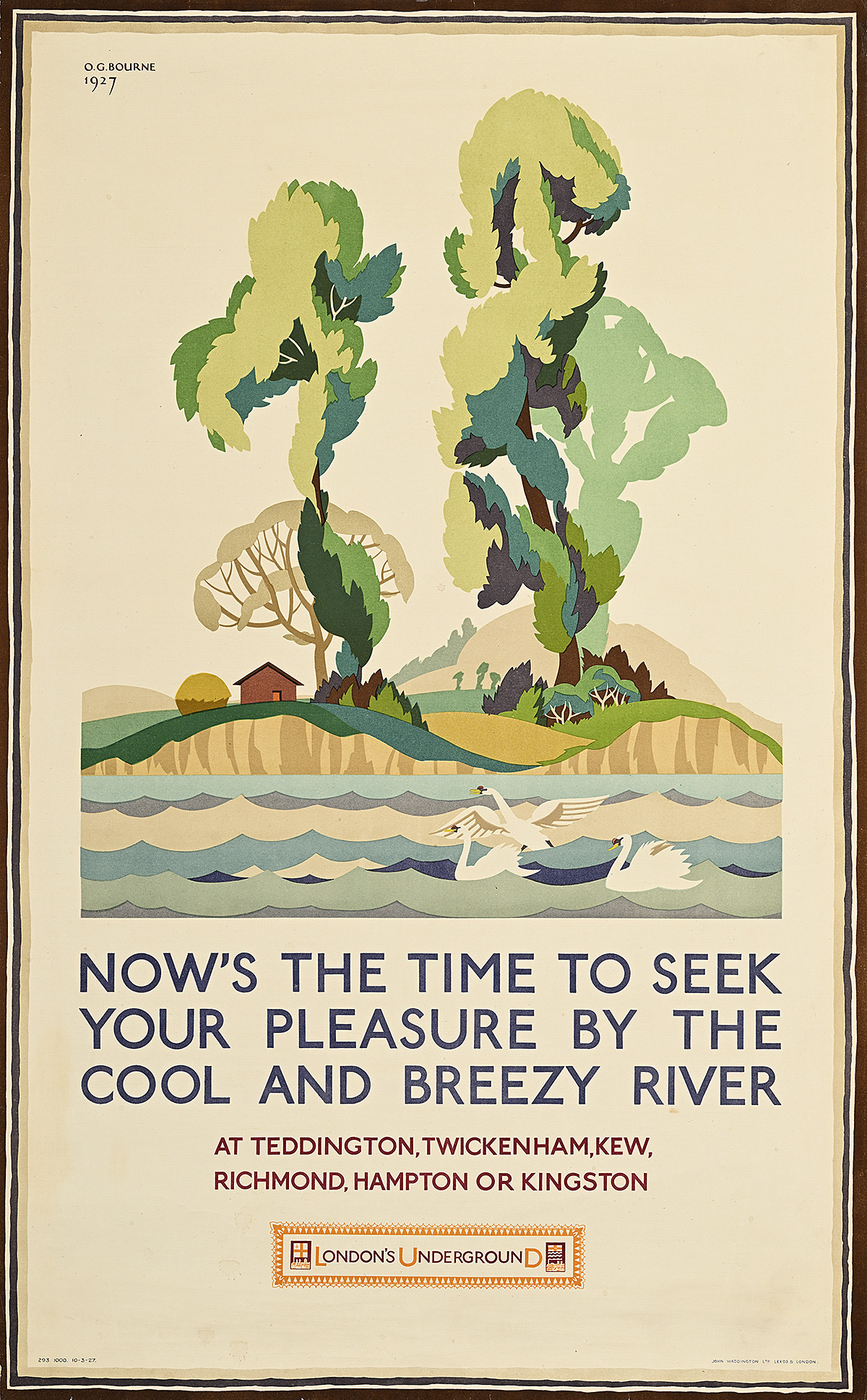 A poster of 3 swans on the river in front of a hilly landscape with 2 large trees.