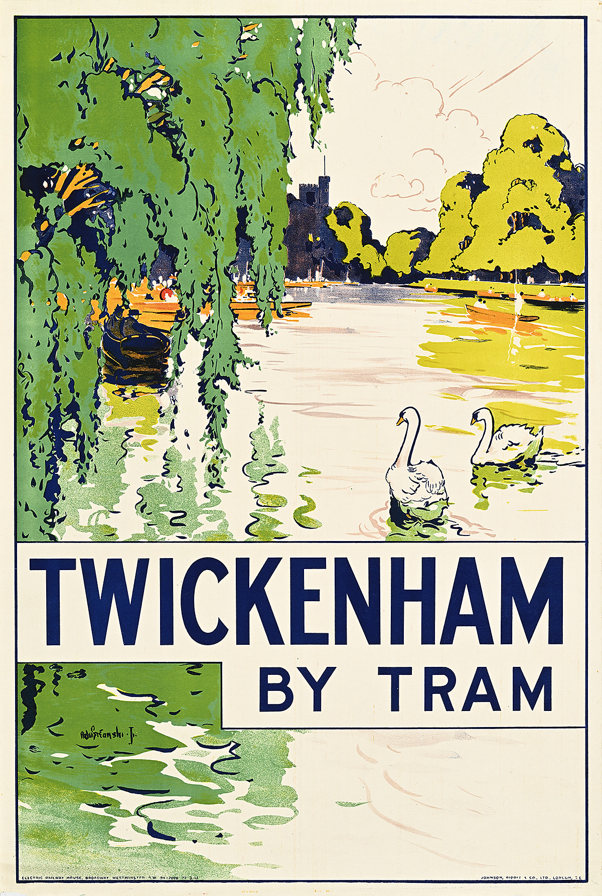 A poster of 2 swans on the river surrounded by rowing crews in long boats and hanging foliage.