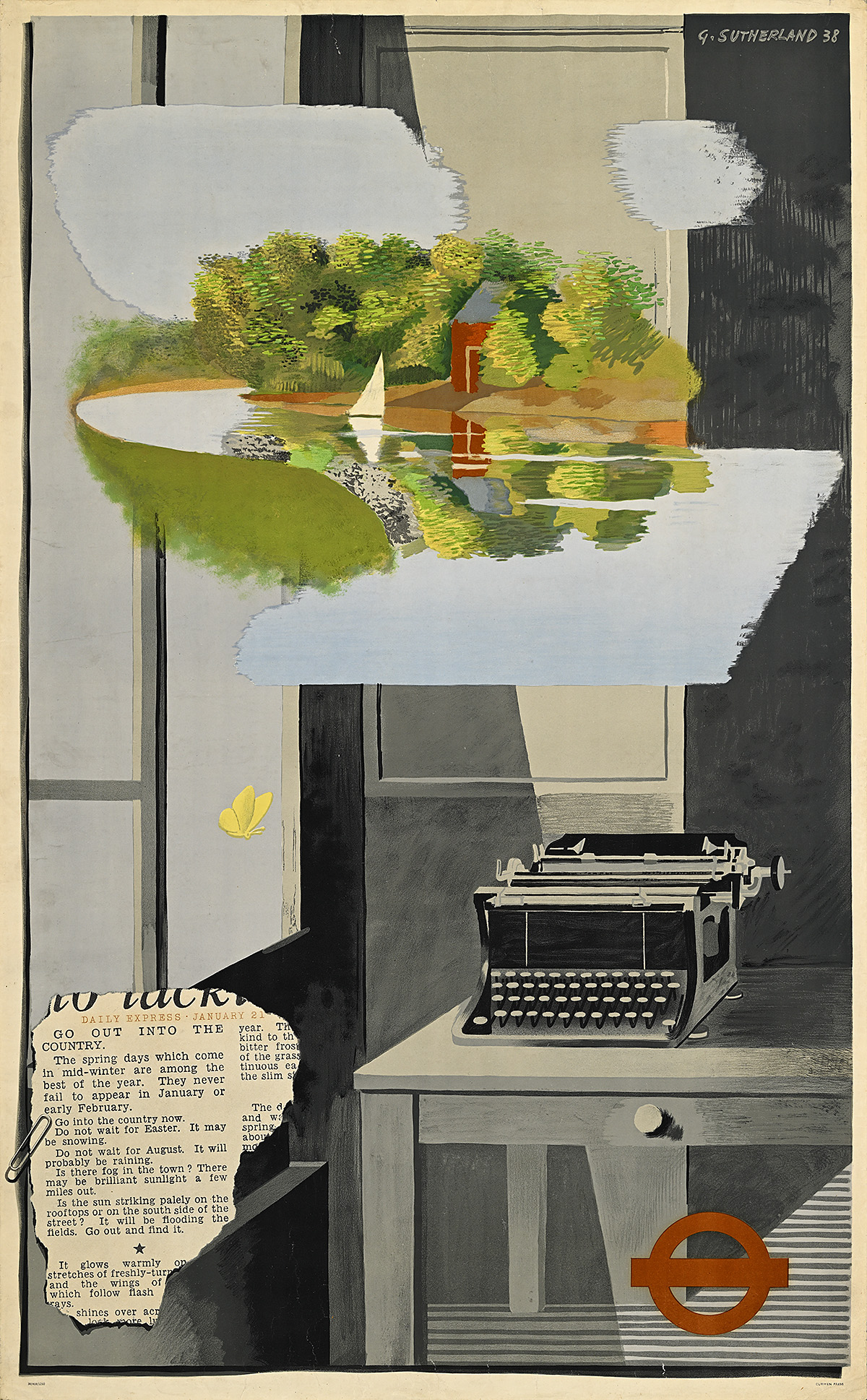 A poster of a typewriter on a desk and a river scene with a red house and sailboat hovering above it.