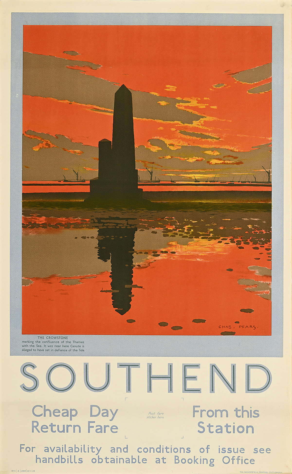 A poster of a dark pointed pillar against an orange sky reflected in the water in the foreground.