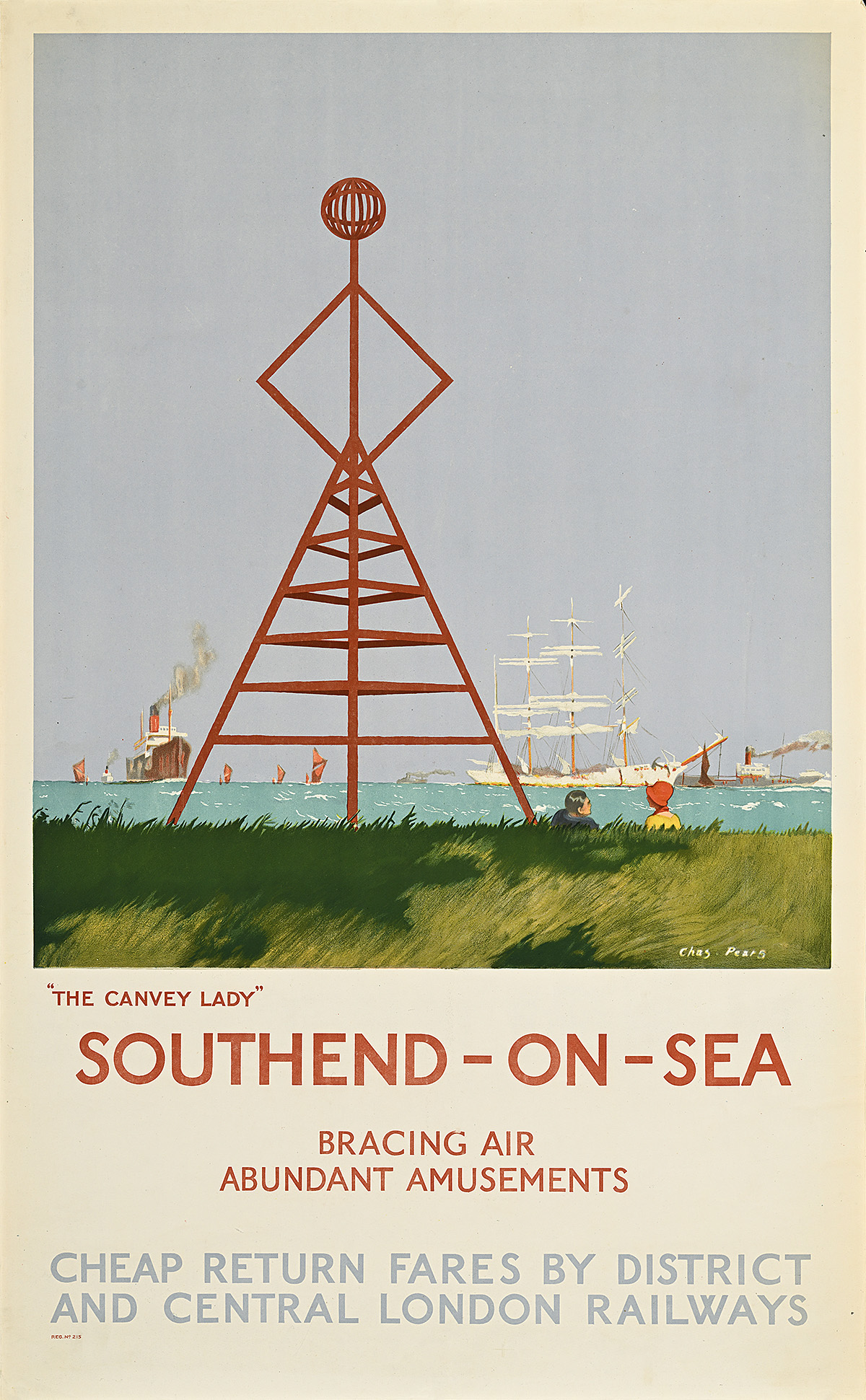 A poster of a navigation beacon in the shape of a woman in a skirt against a seascape.