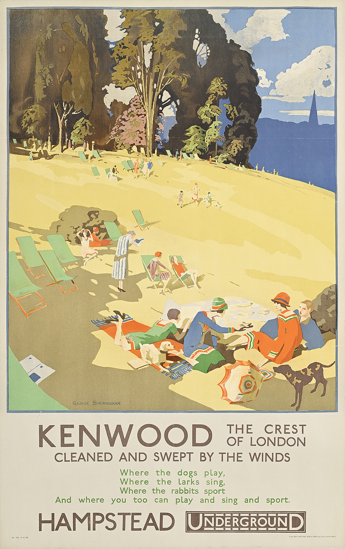 A poster of people picknicking and lounging in green deck chairs on a yellow hill.