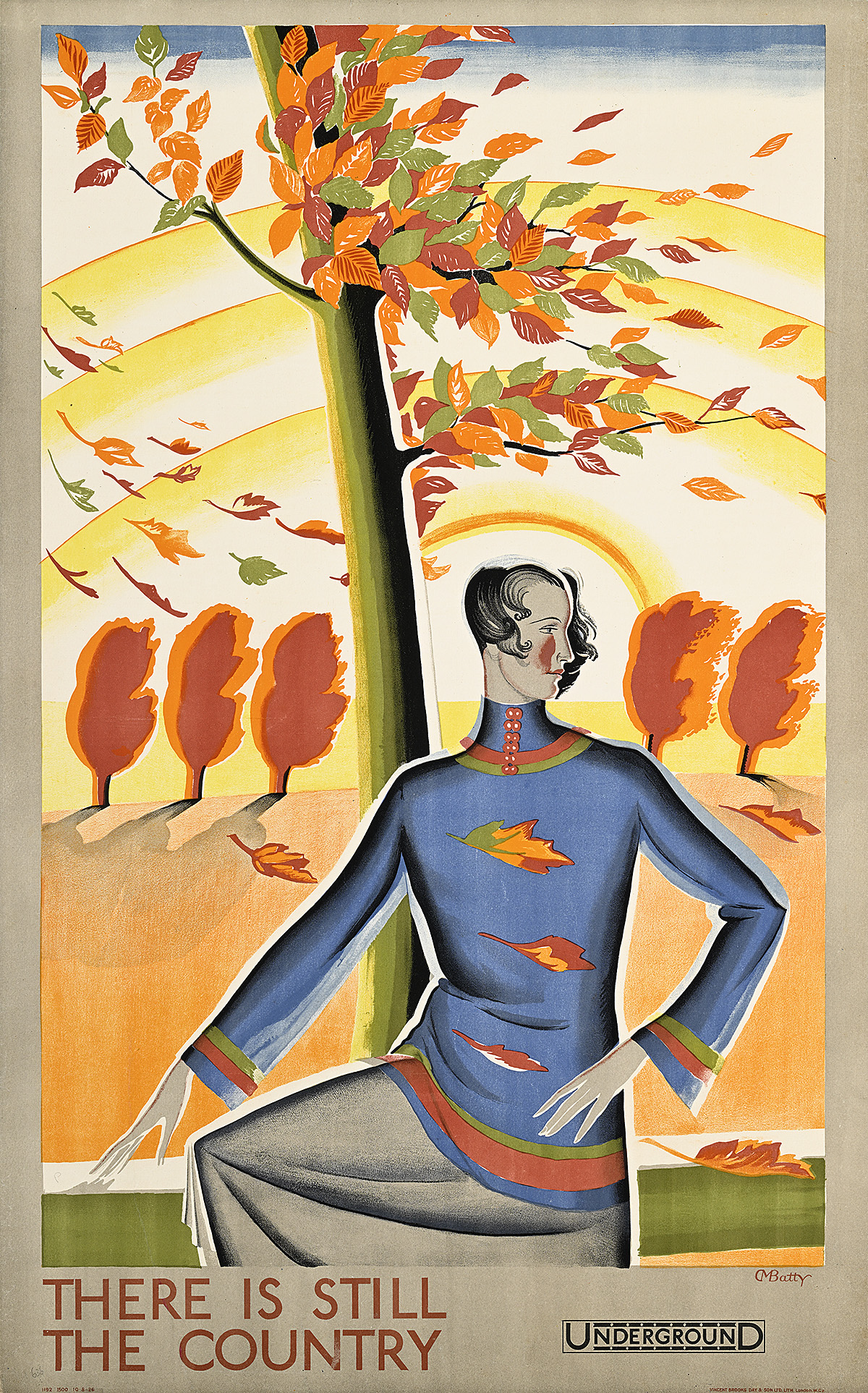 A poster of a woman standing before windswept trees with green, red, and orange leaves.