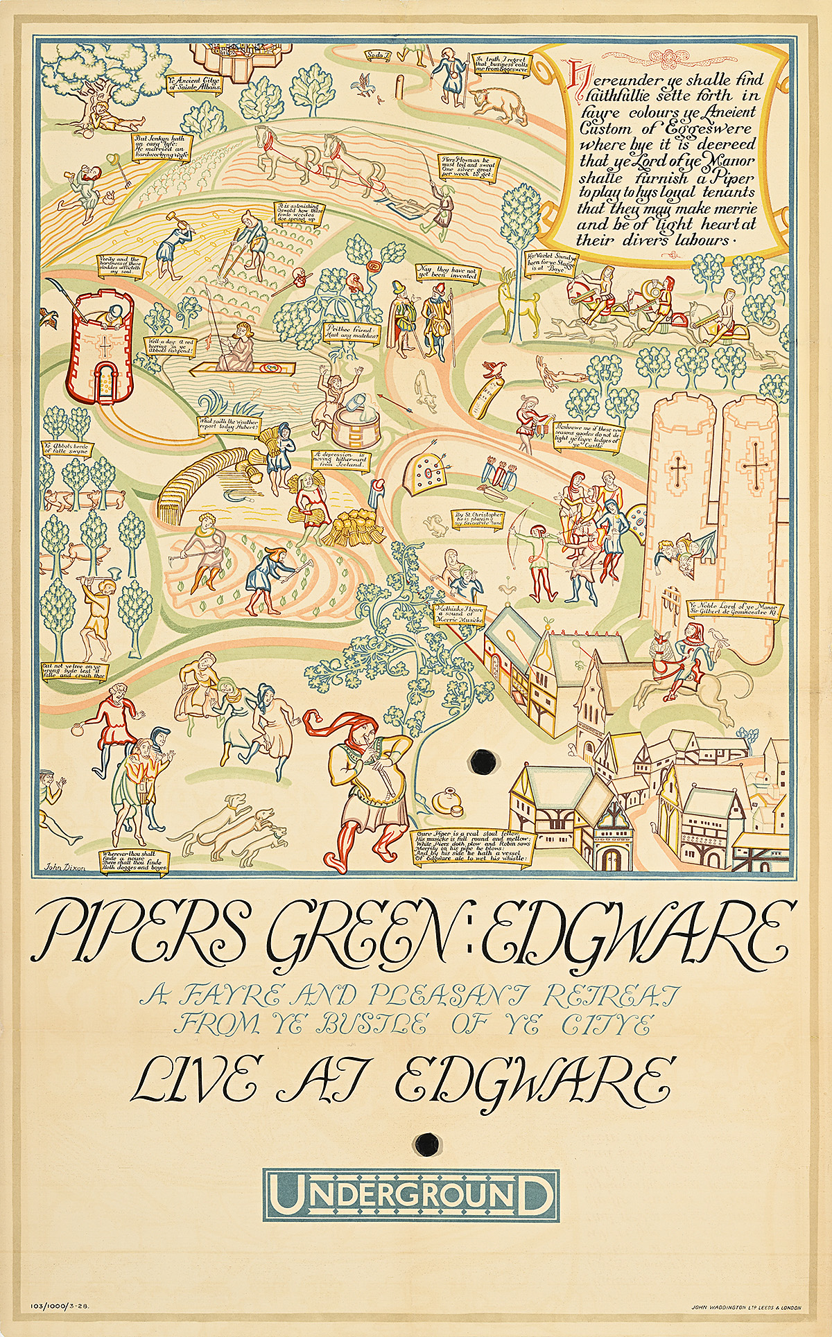 A poster of a medieval-style village with farmers working the land around it.