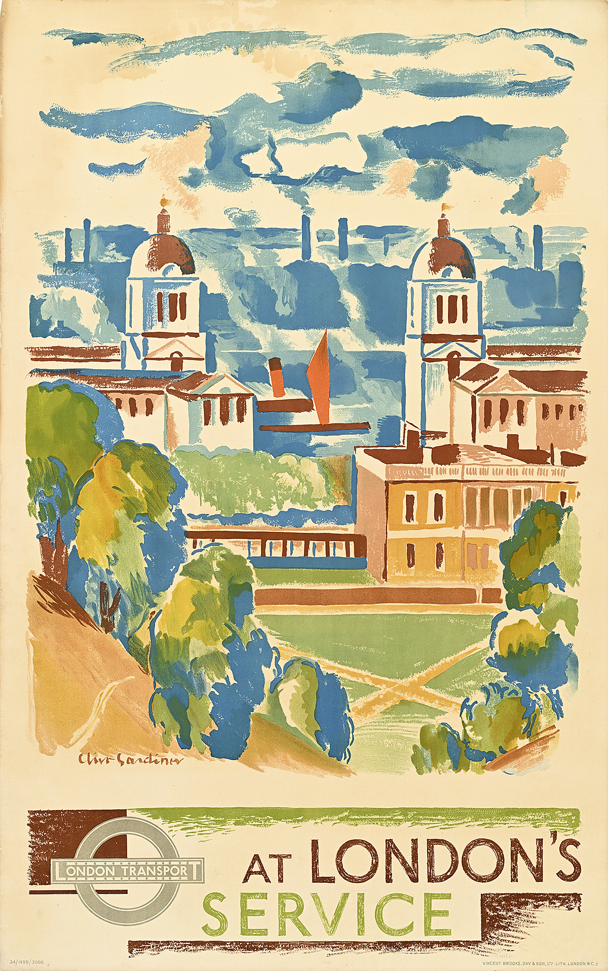 A poster with a view of smoky factories behind a building with 2 towers and a green space.