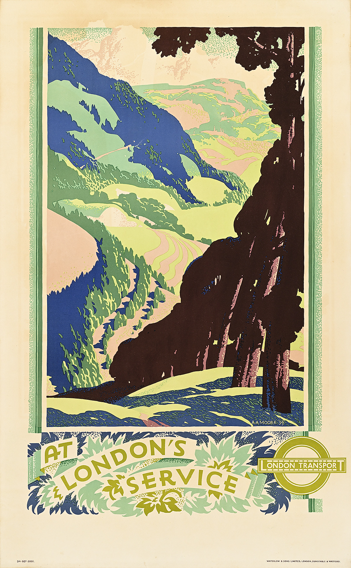 A poster with a receding line of brown trees against a hilly background.