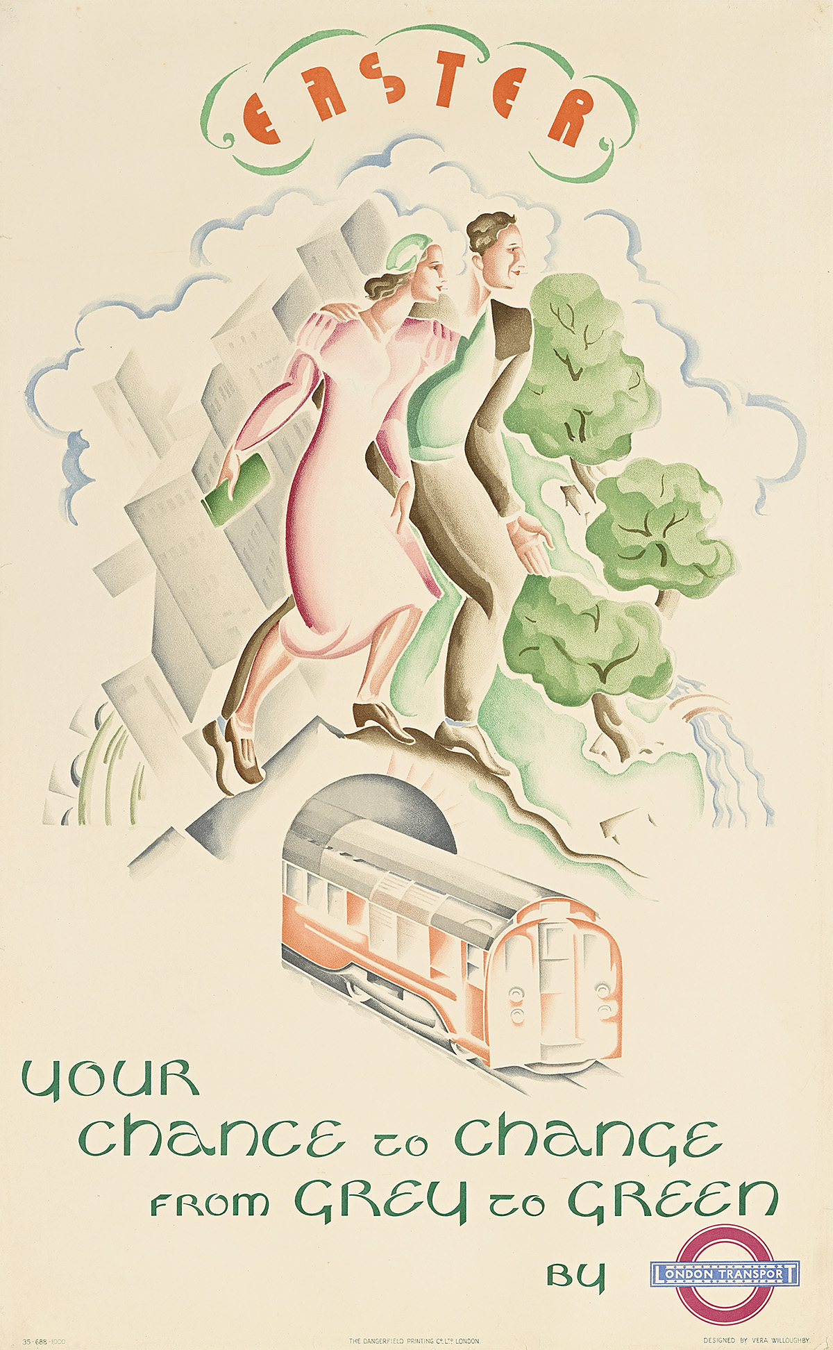 A poster of a man and a woman walking across a railway bridge from a gray city to green woods.