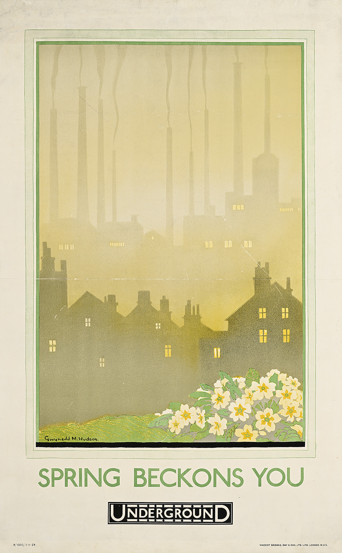 A poster of yellow flowers on a hill and a gray, smoky city in the background.