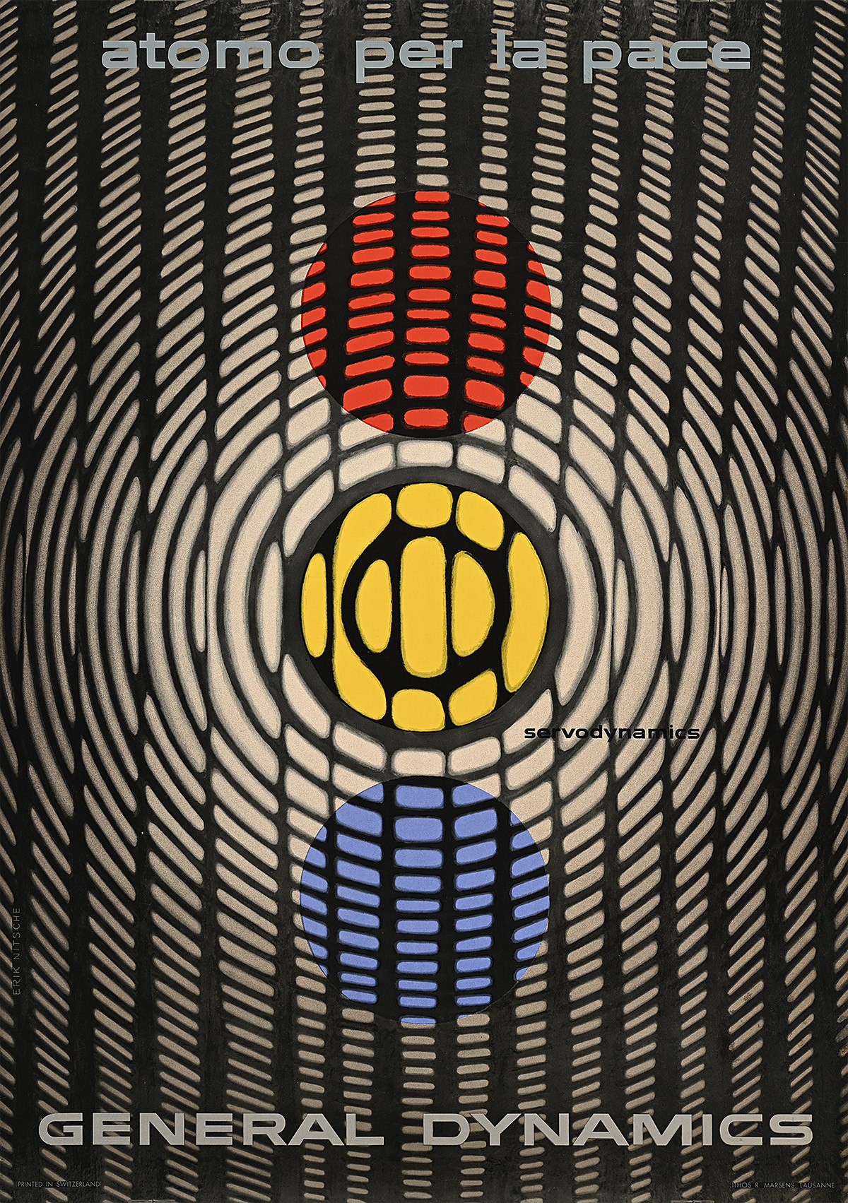 A poster of three circles split up by verticle stripes; at the top and bottom there is text in Spanish and English