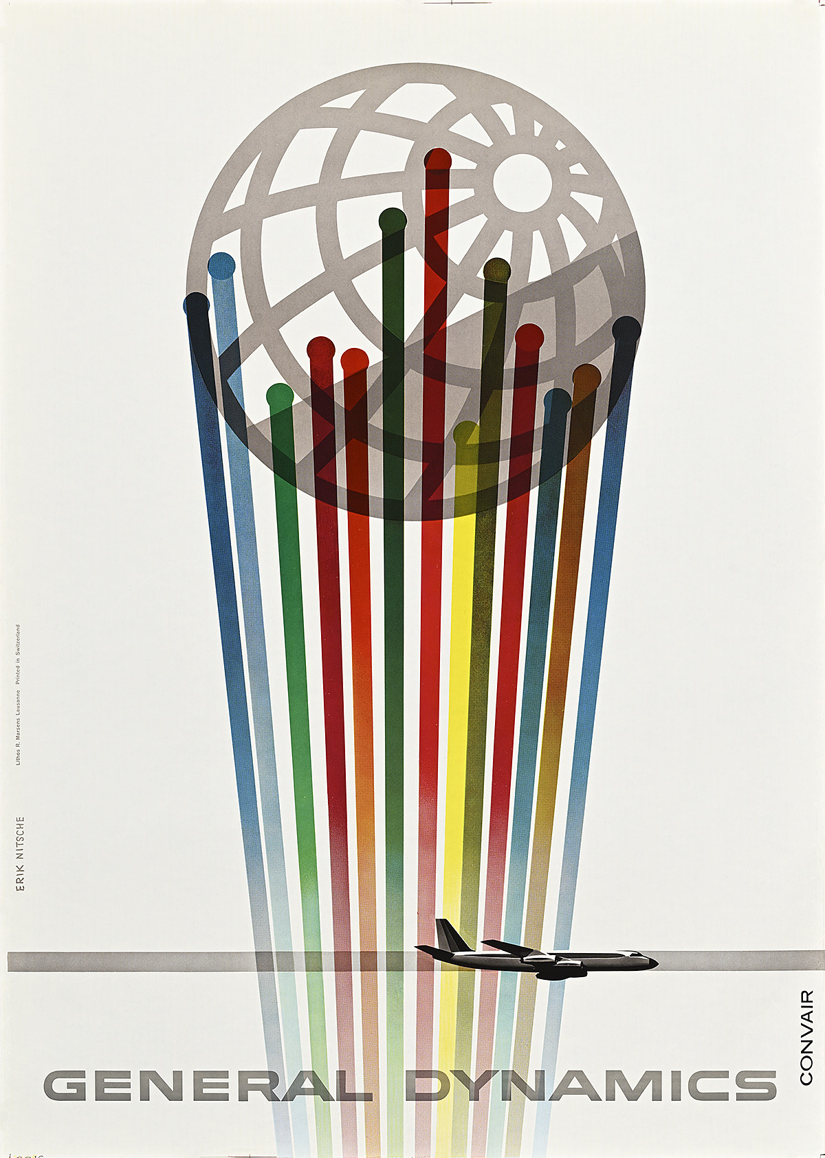 A poster of a plane flying past a globe with rainbow verticle stripes shooting up to it