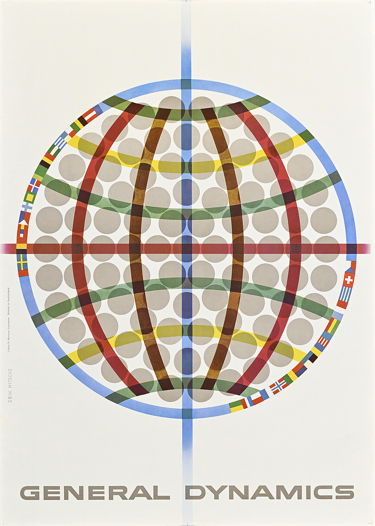 A poster of an abstract rainbow globe filled with dots on a white background