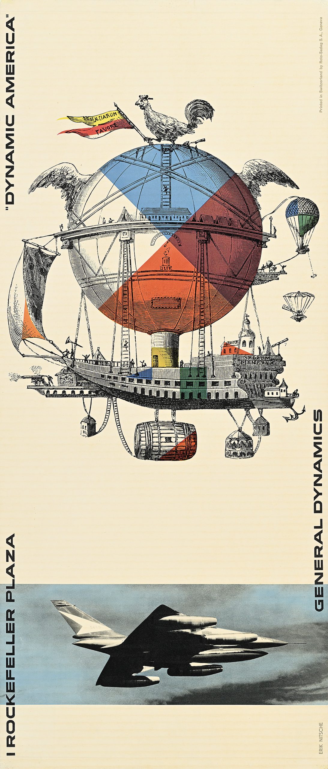 A poster of a fantastical ship being carried by a hot air balloon above a photograph of a jet plane