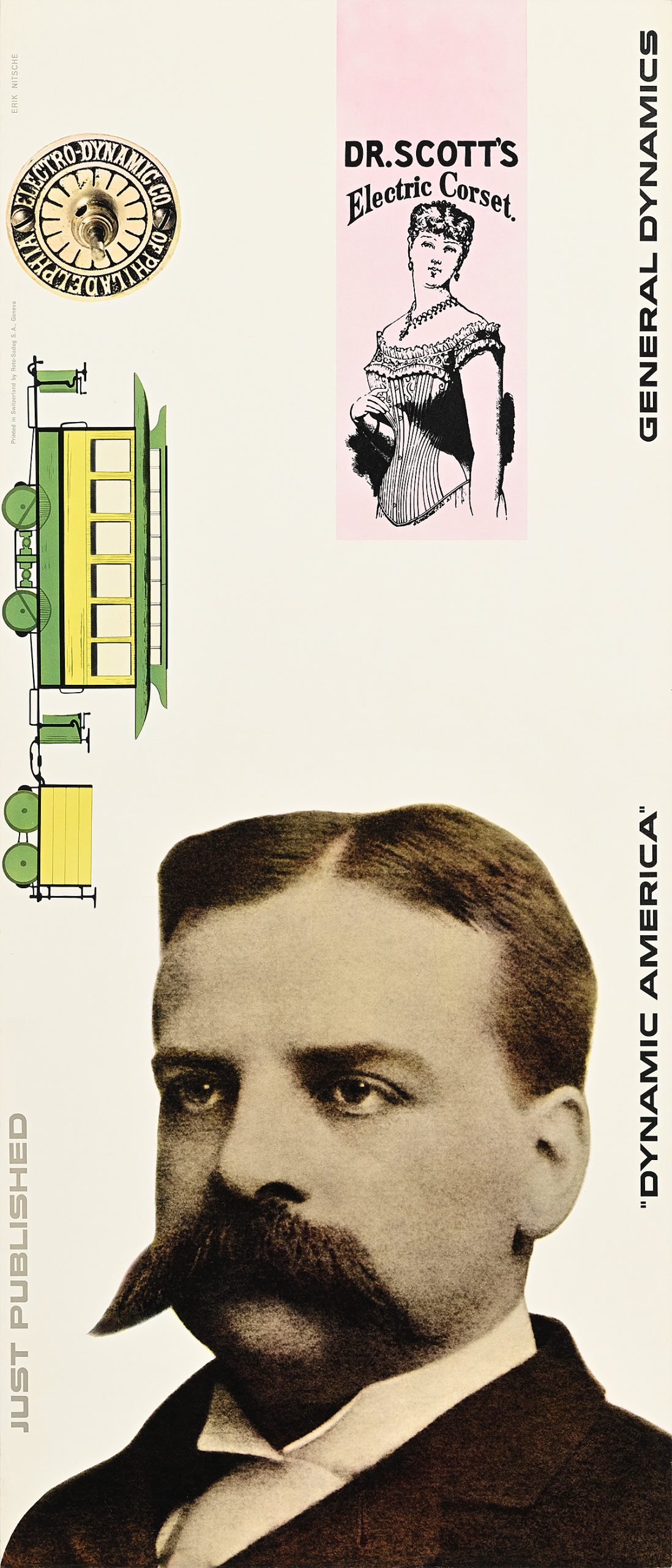 A poster of a white man with a mustache looking seriously at the viewer below a tram and an advertisement for an electric corset