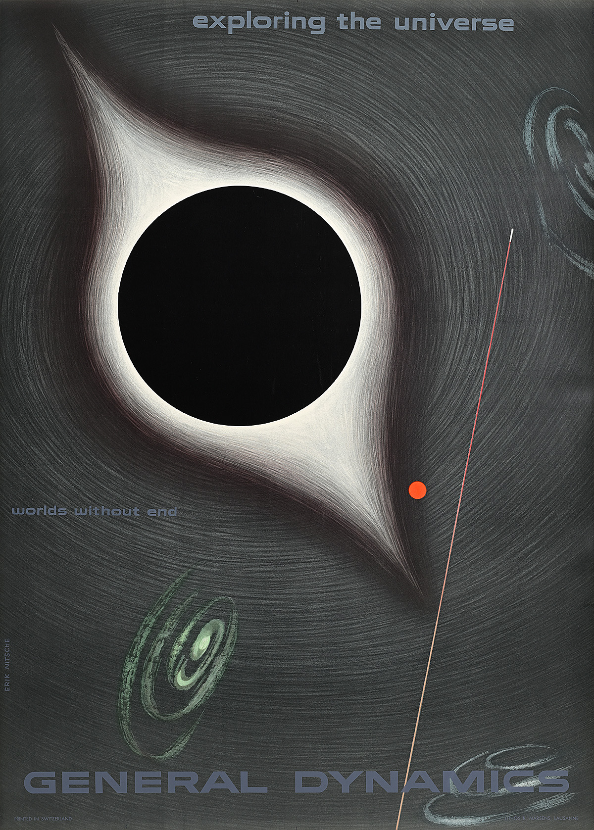 A poster of abstract shapes with a black dot at the center; at the top and bottom there is English text