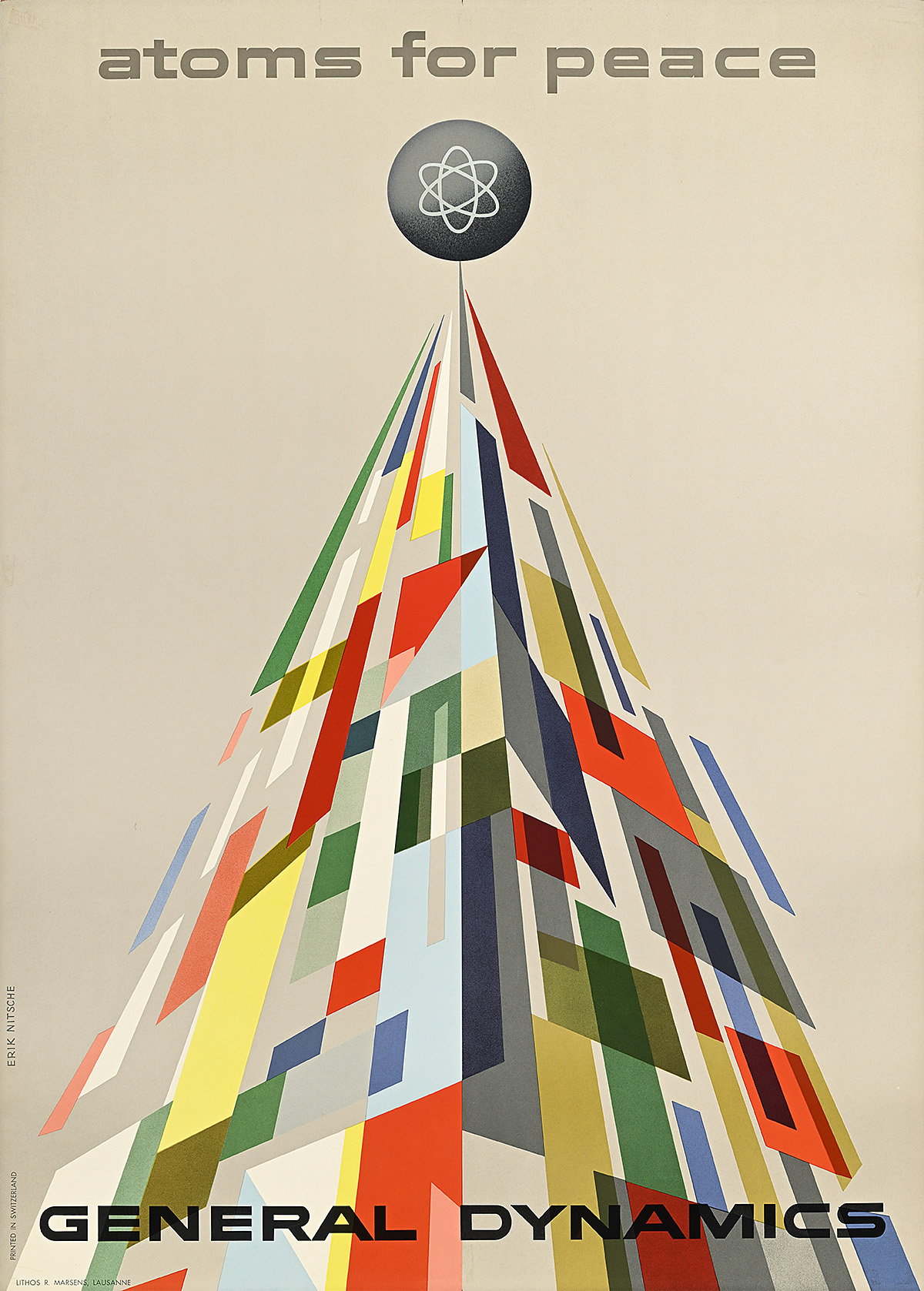 A poster of a grey sphere with an atomic symbol on it at the top of a rainbow pyramid