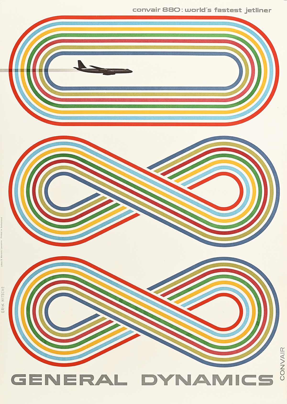 A poster of a plane flying through a rainbow loop; underneath it, there are two rainbow infinity signs