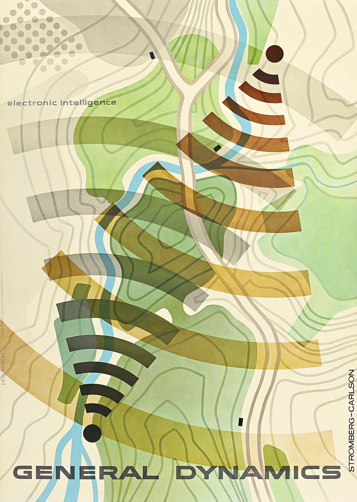 A poster of cone shaped stripes overlapping on top of a green map