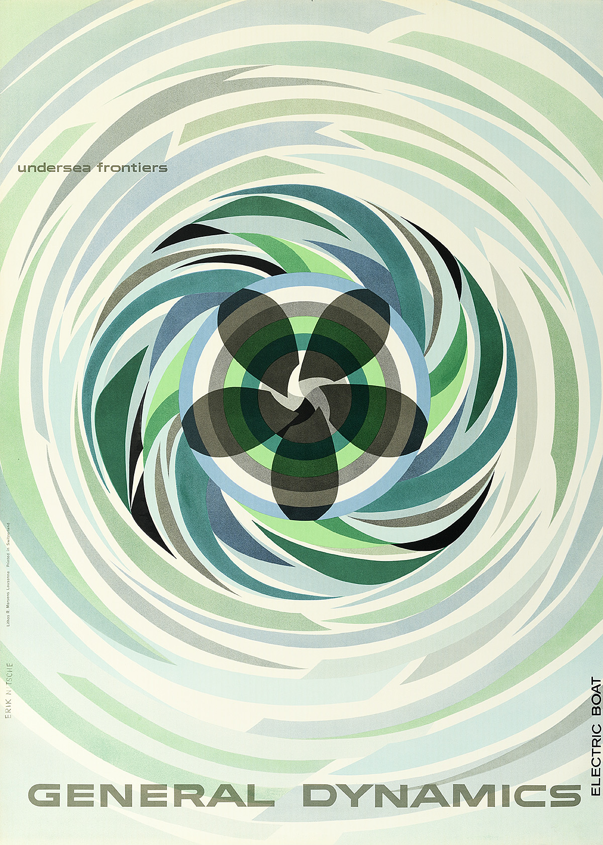 A poster of a dark gray fan in the center of swirling green and blue geometric shapes.