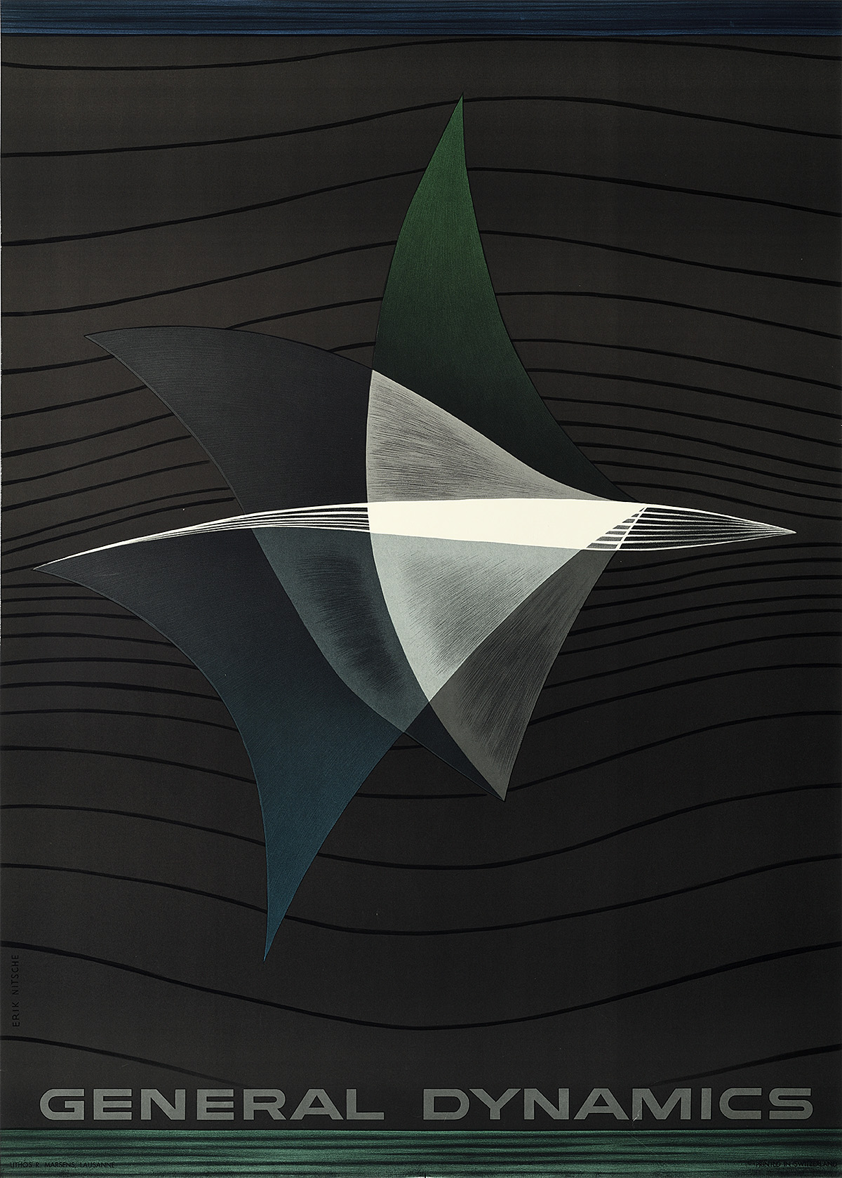 A poster of green geometric shapes forming a fish swimming on gray waves.