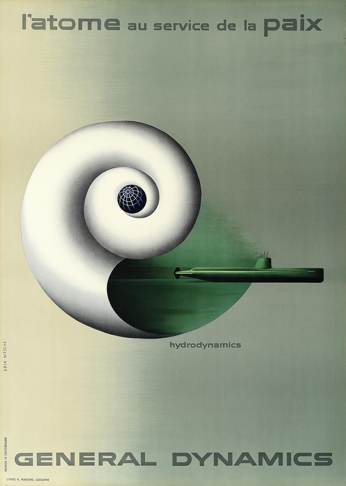 A poster of a green submarine coming out of a large, white spiral shell.