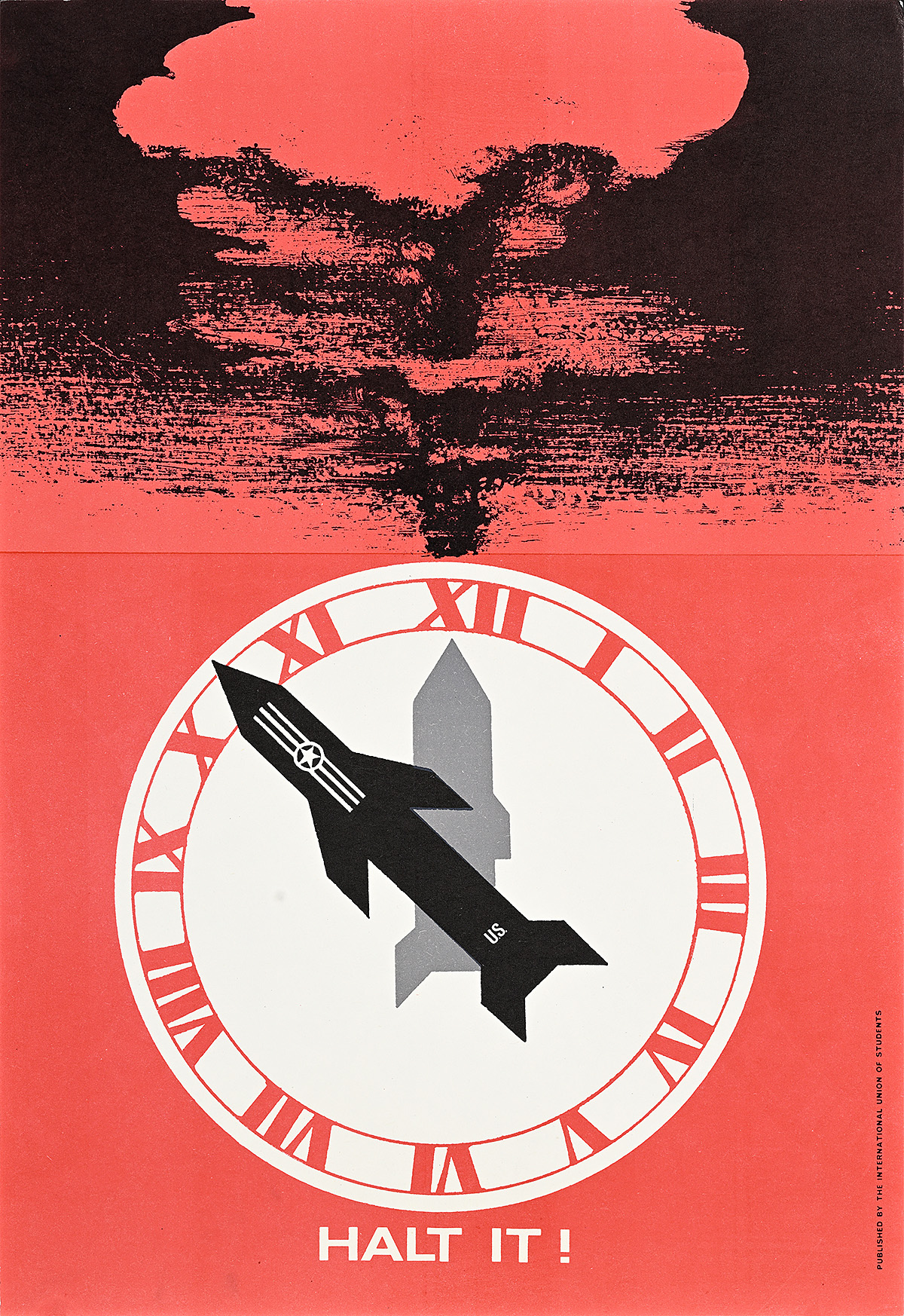 A poster of two missiles acting as hands on a clock near midnight below a red cloud and above text.