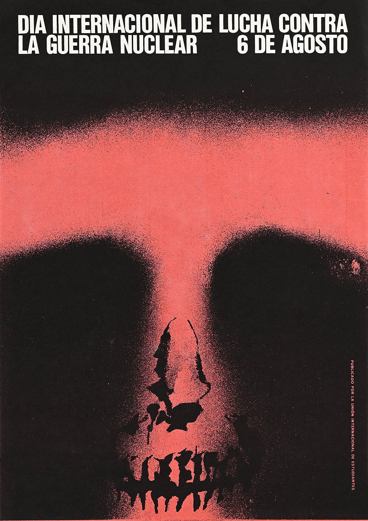 A poster with a hazy red mushroom cloud with a skull nose and teeth at the bottom.