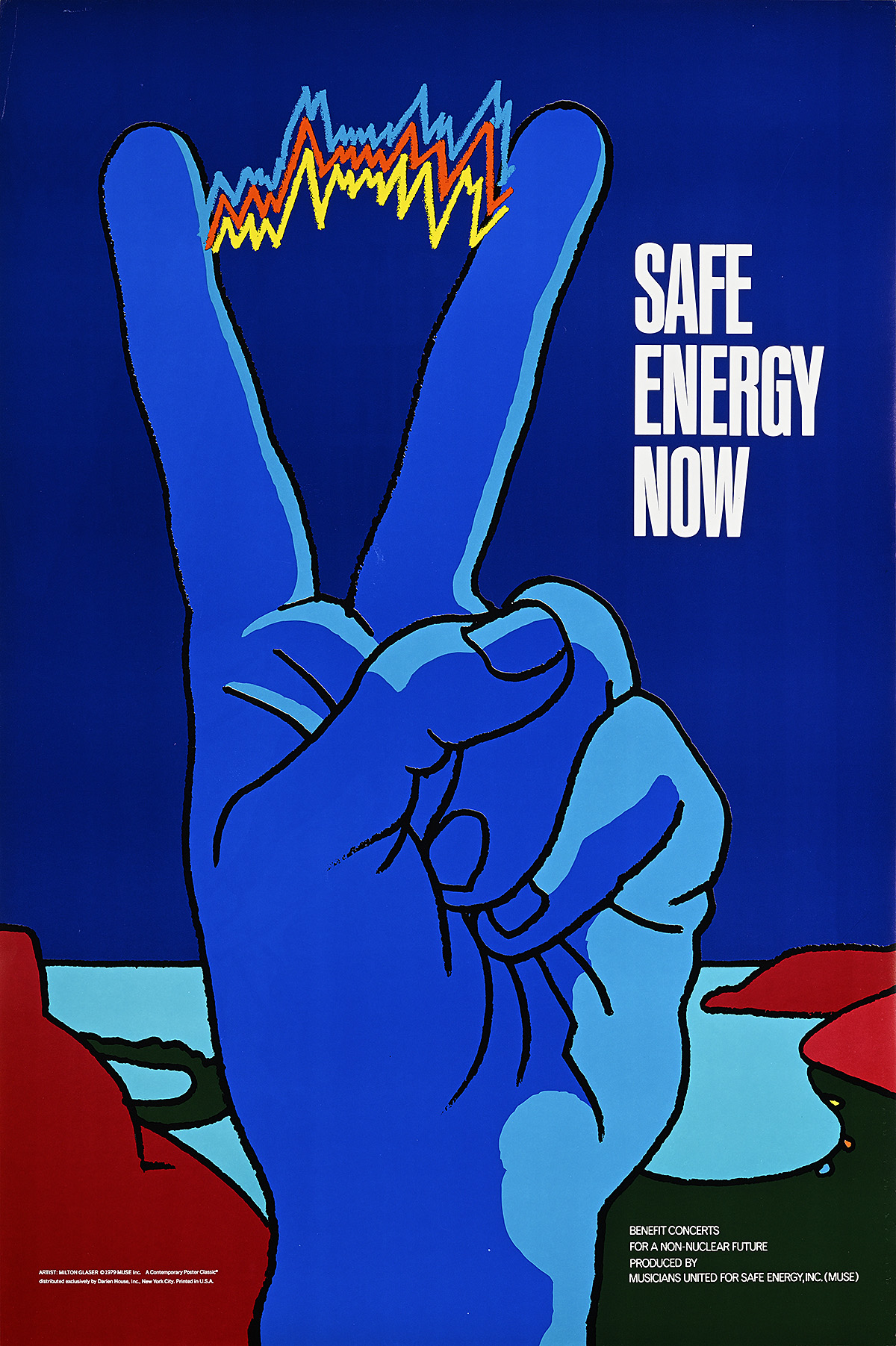 A poster of a hand making a peace sign with electricity charging between the two fingers.