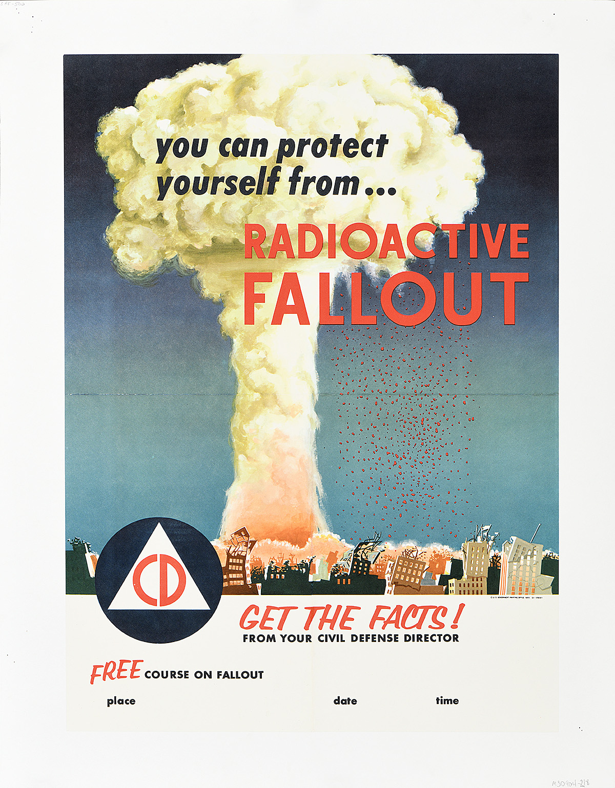 A poster of a nuclear mushroom cloud looming over a city.