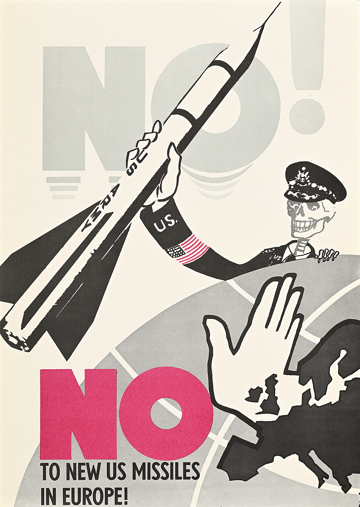 A poster of a skeleton in military uniform trying to give a missile to a hand extending from a globe.