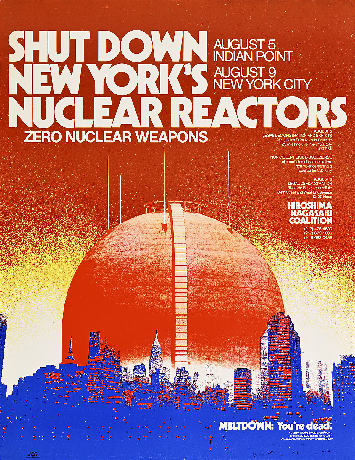 A poster of a large red nuclear reactor looming over the New York City skyline