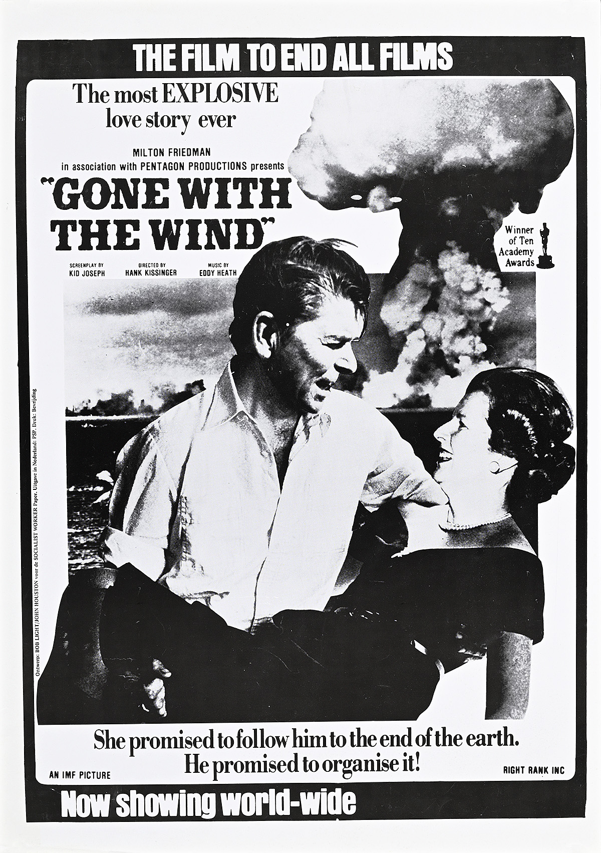 A poster of a white man and white woman embracing in front of a nuclear explosion.