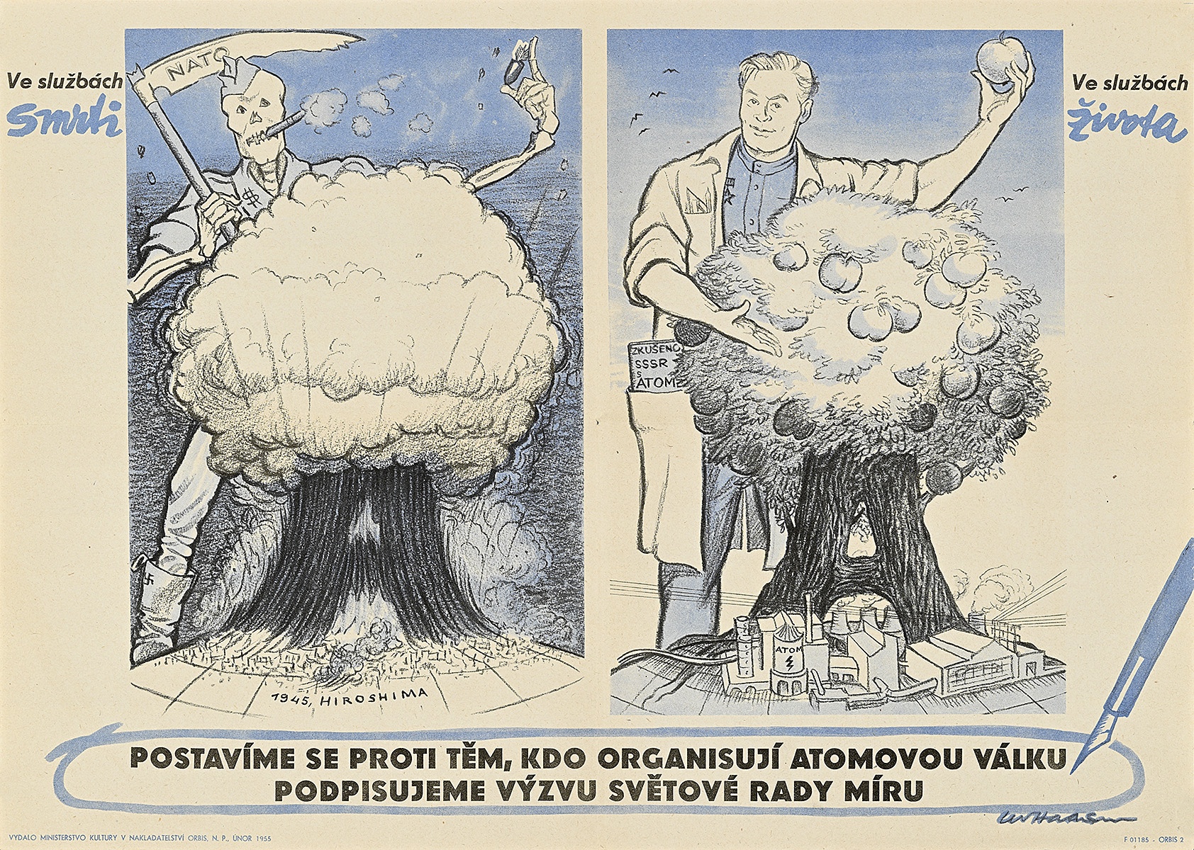 A poster contrasting a skeleton and an atomic cloud with a man and a tree.