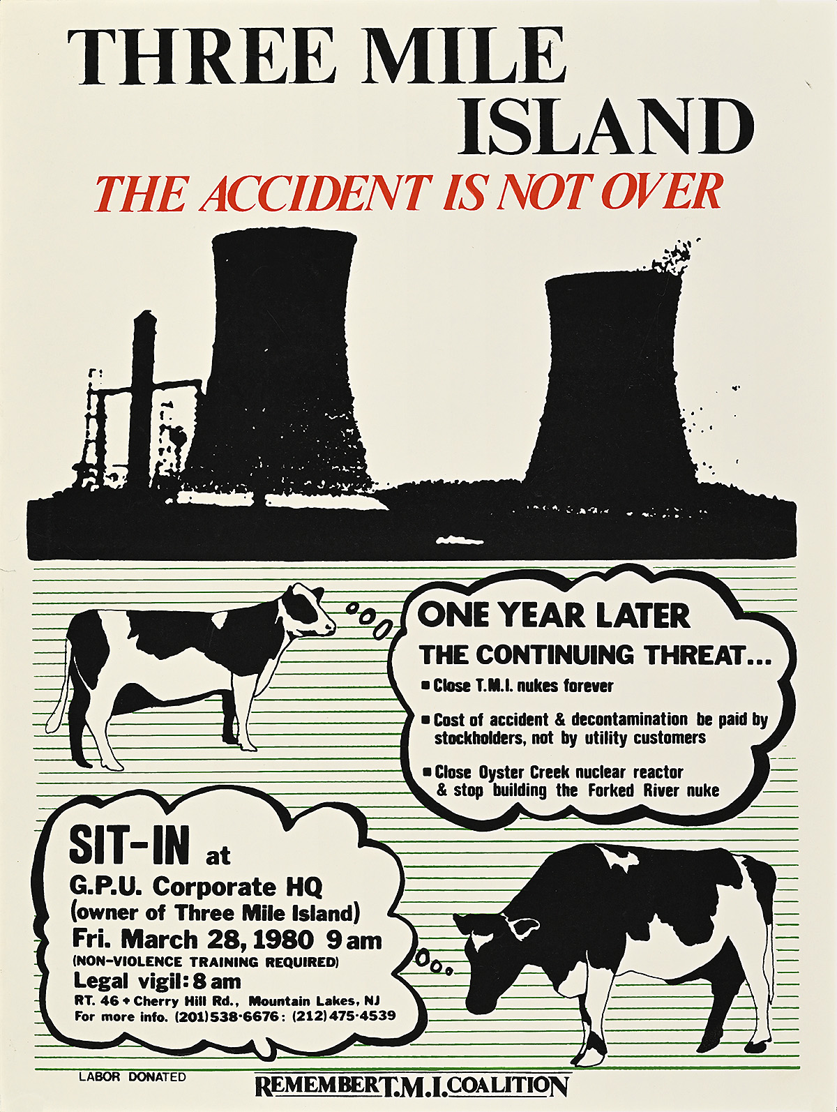 A poster of cows in front of a nuclear power plant.