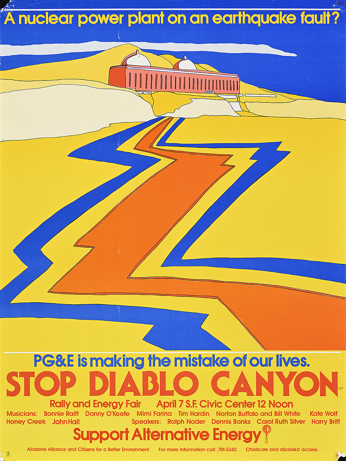 A poster of a nuclear power plant on a zig-zagging line.