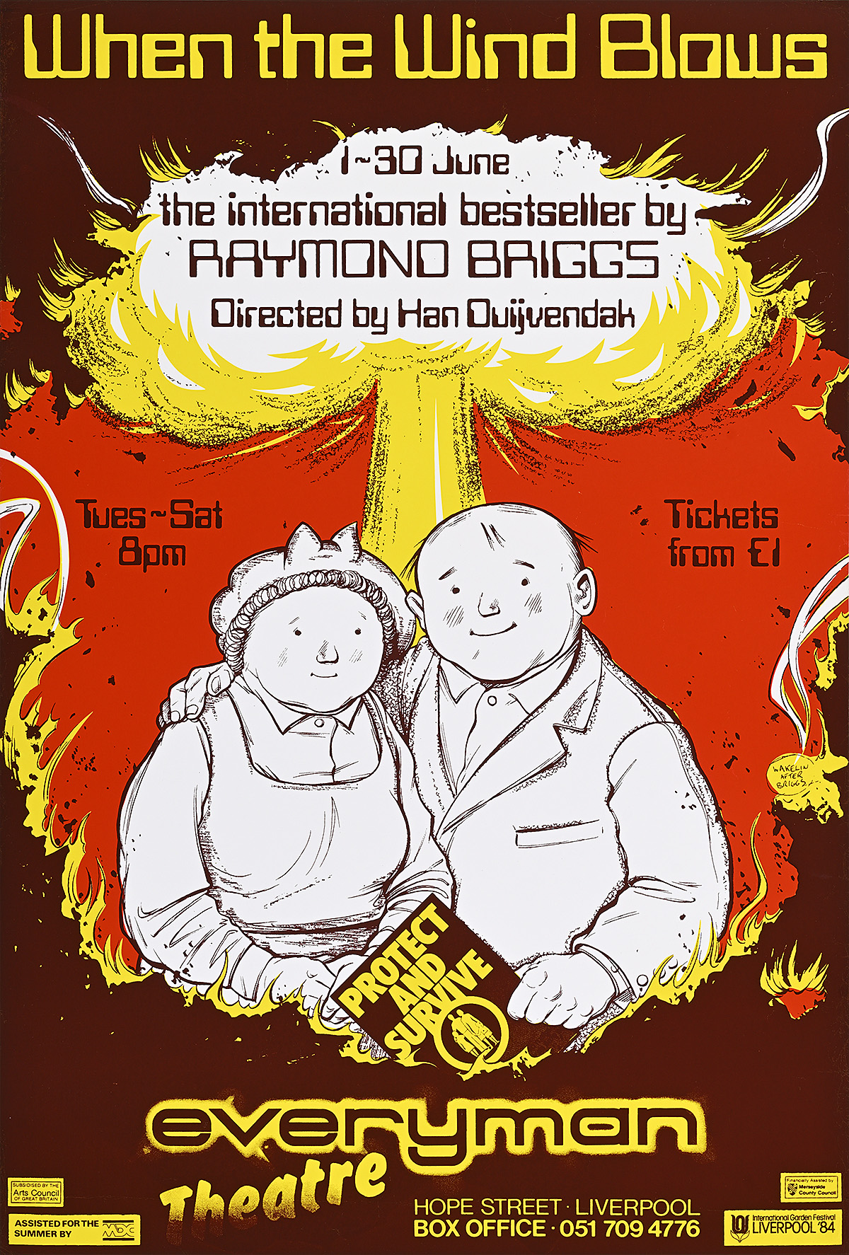 A poster of an elderly man and woman inside a bomb blast.