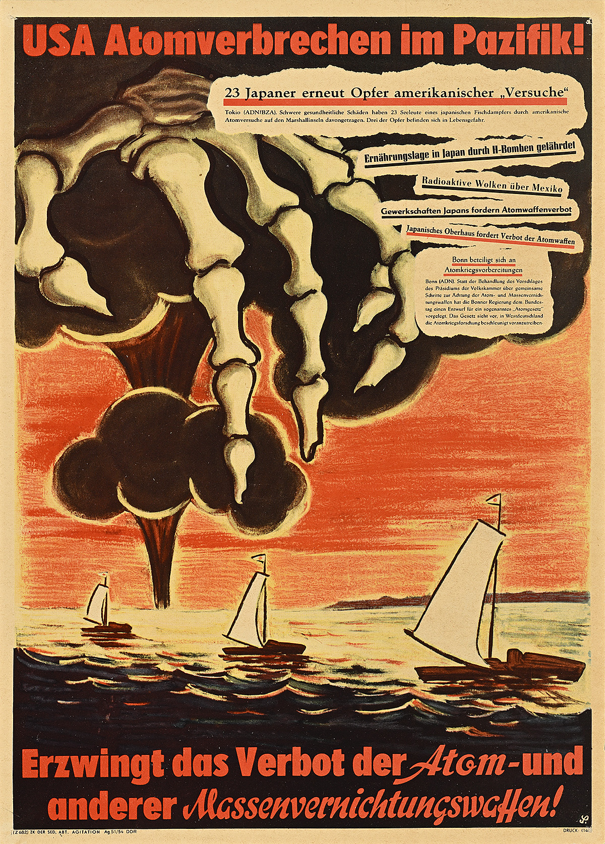 A poster of a skeleton hand in a nuclear cloud reaching towards sailboats on the ocean