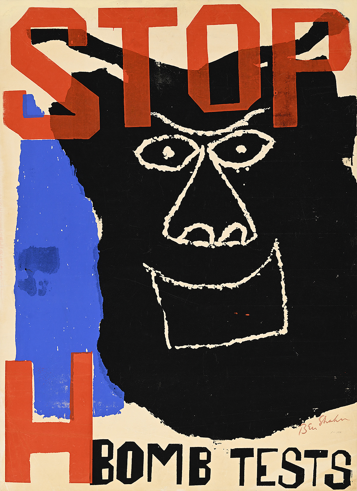 A poster of a crudely drawn large face next to bold text.