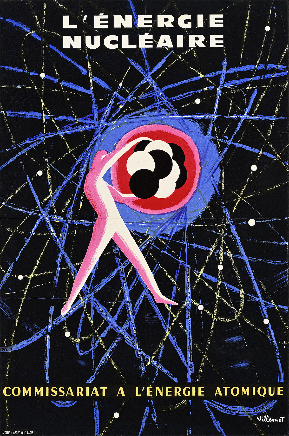 A poster of a pink figure holding the center of an atom on a black background