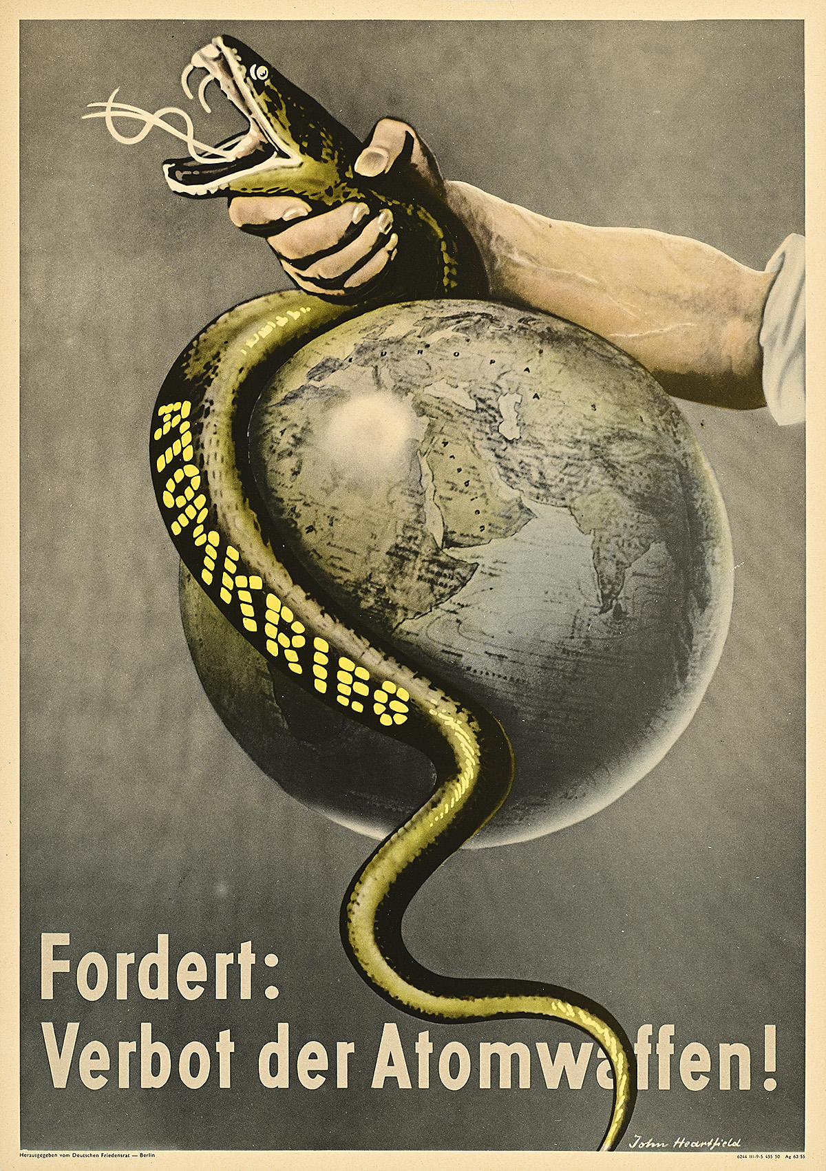 A poster of a white hand suffocating a snake wrapped around a globe