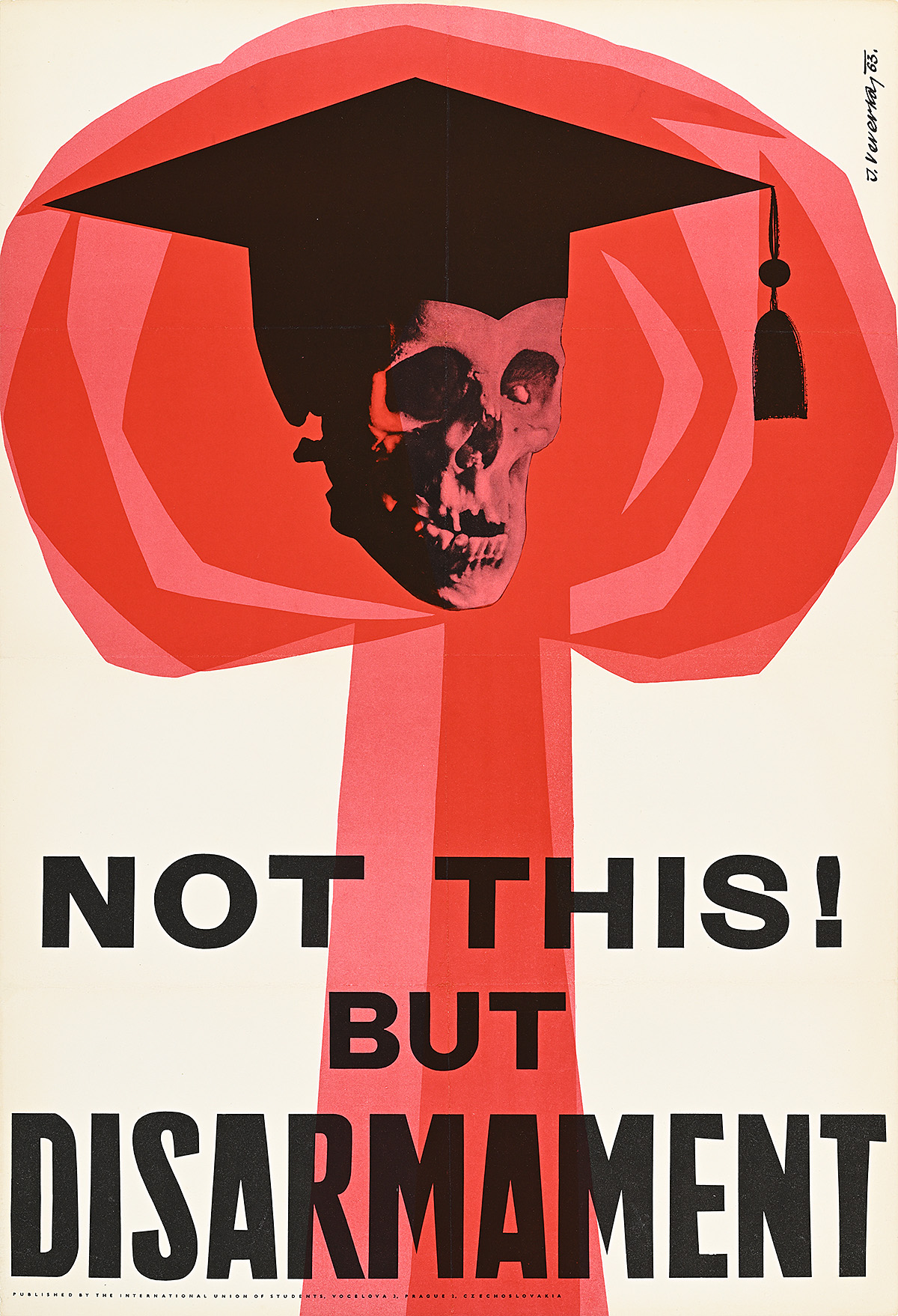 A poster of a skull wearing a graduation cap inside a red nuclear blast