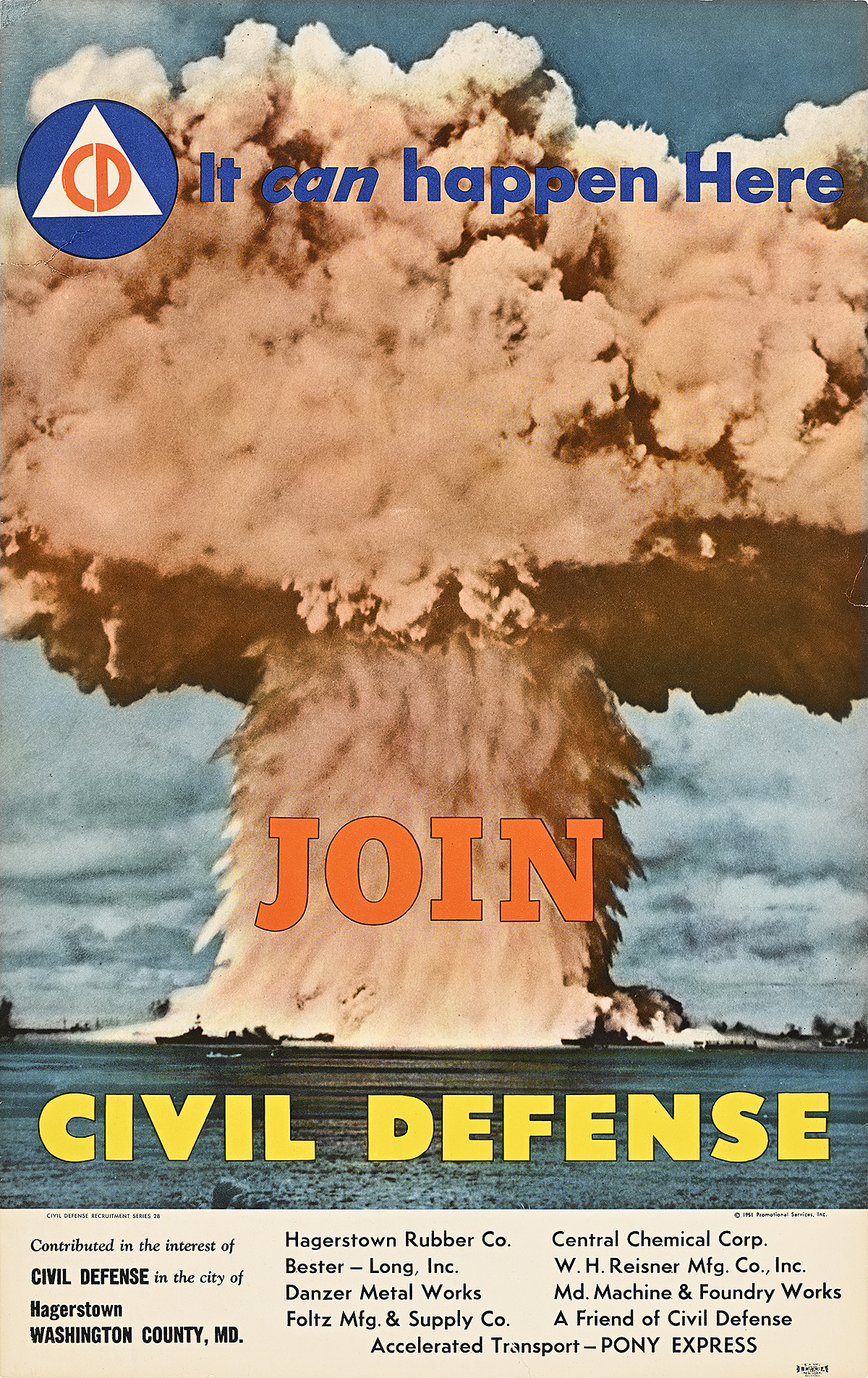 A poster of a green hilly landscape with a nuclear blast in the background